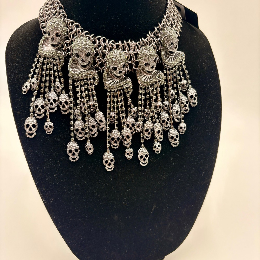 Eyecandy Los Angeles Gunmetal Chainmail Rhinestone Skull Halloween Necklace